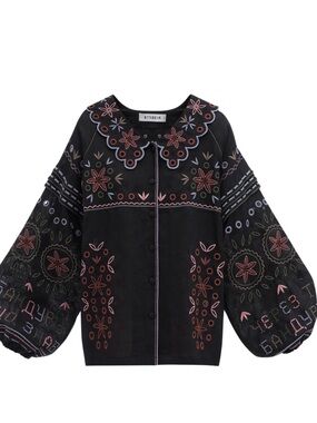 Etnodim. Embroidered jacket. Made of black linen with a high collar. Fits XS, S